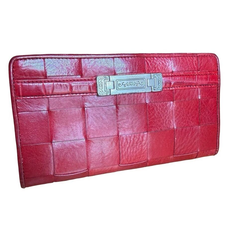 Brighton Red Leather Woven Wallet Card Holder Checkbook Coin Purse 7" x 4"